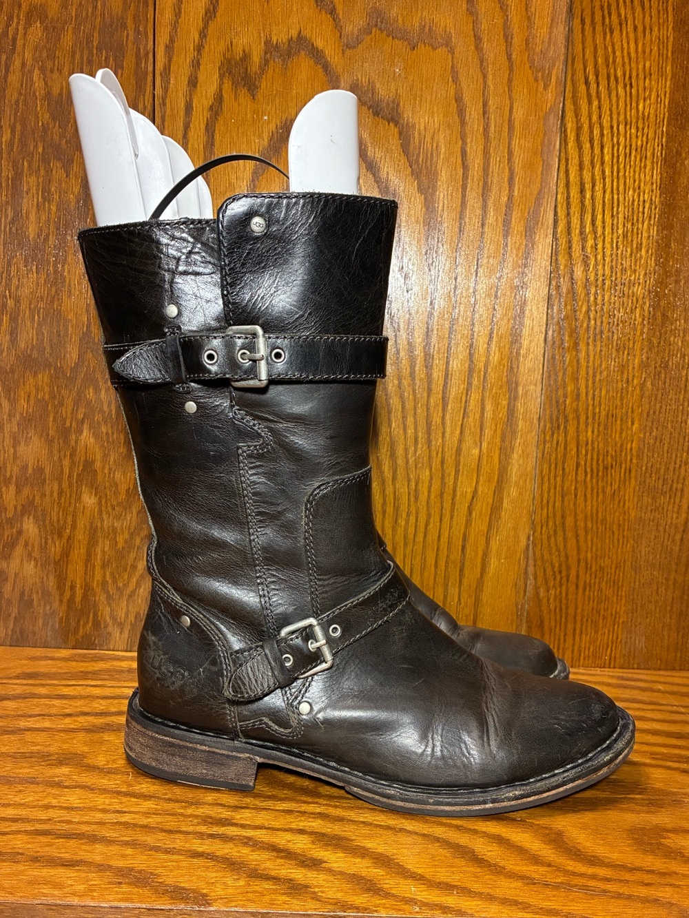 Y2K UGG Gillespie Engineer Moto Biker Boots Olive Brown Leather Sheepskin Size 9